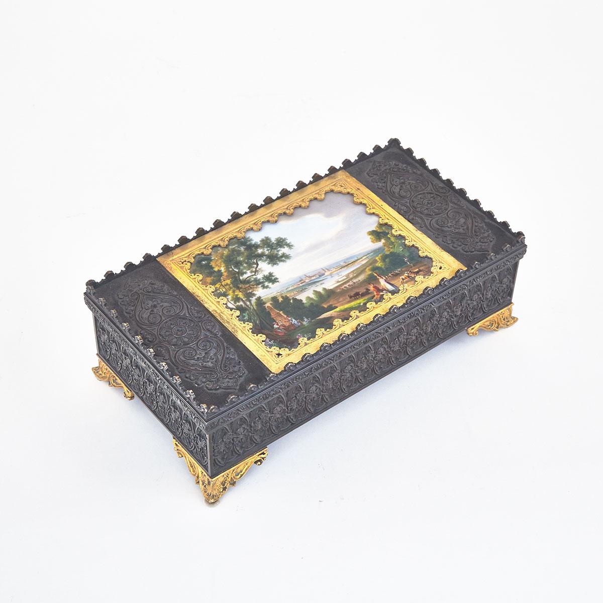 French Gothic Revival Porcelain Mounted Gilt and Patinated Bronze Desk Box, c.1840
