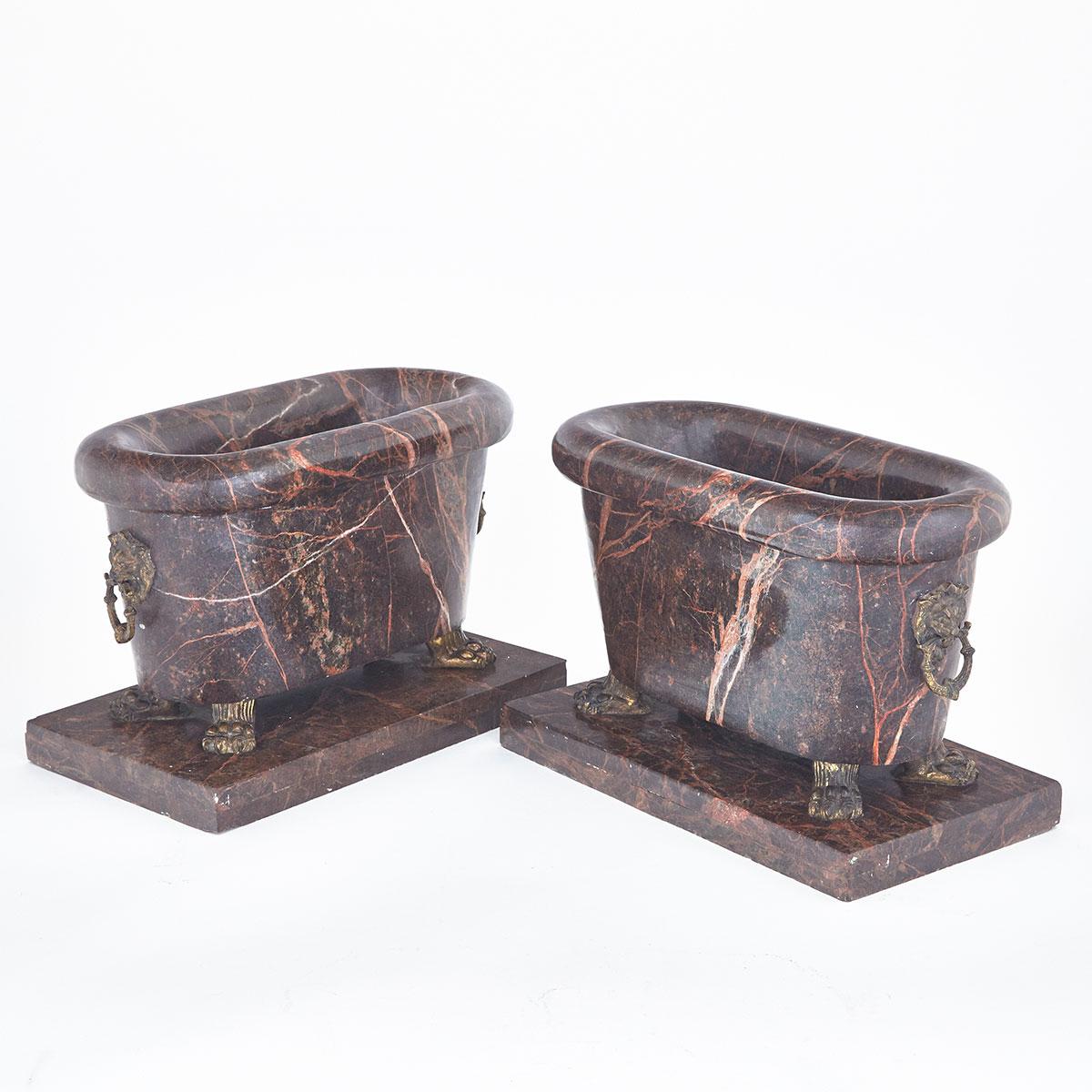 Pair of Italian Ormolu Mounted Red Marble Roman Tub Form Planters, early 20th century