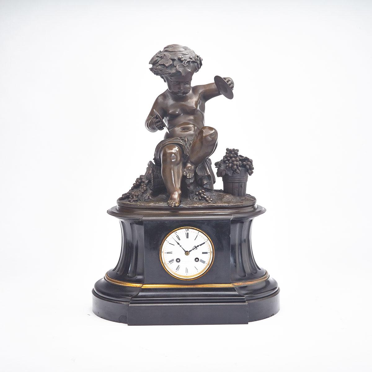 Large Napoleon III Patinated Bronze and Marble Figural Mantel Clock, Charpentier et Cie., c.1870
