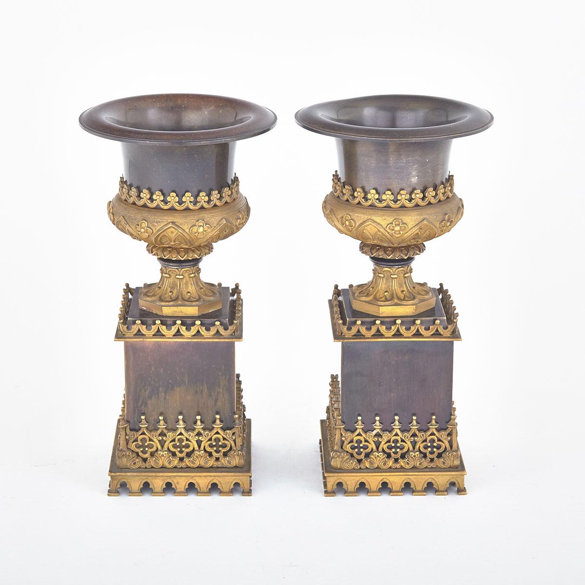 Pair of French Gothic Revival Gilt and Patinated Bronze Mantle Urns, c.1840