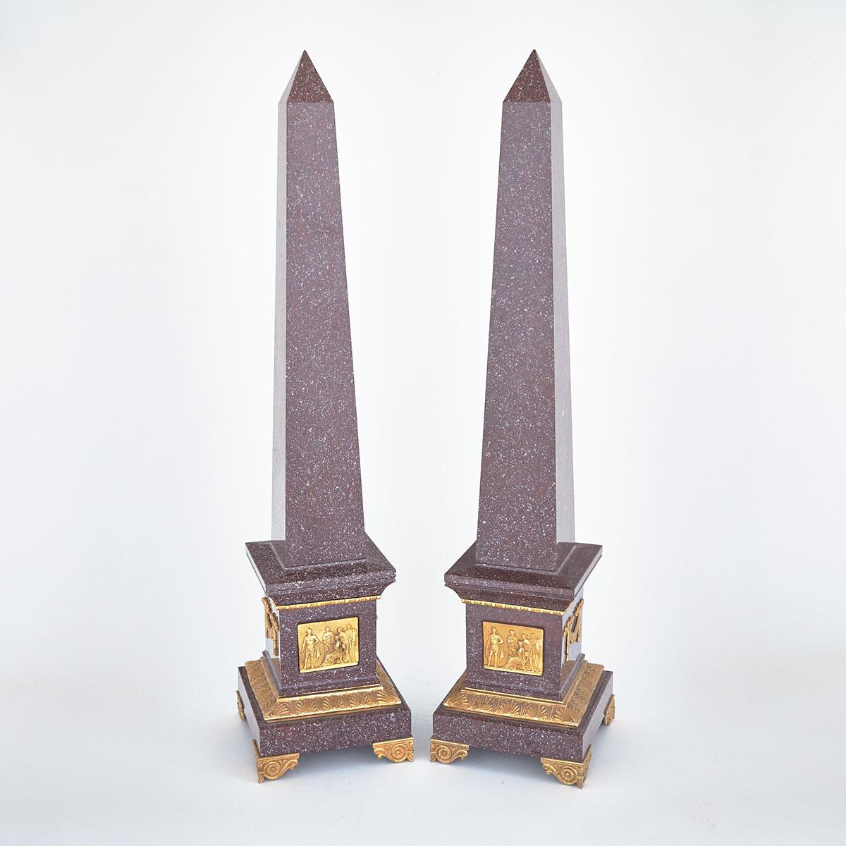 Pair of French Empire Style Ormolu Mounted Red Porphyry Obelisks, mid 20th century