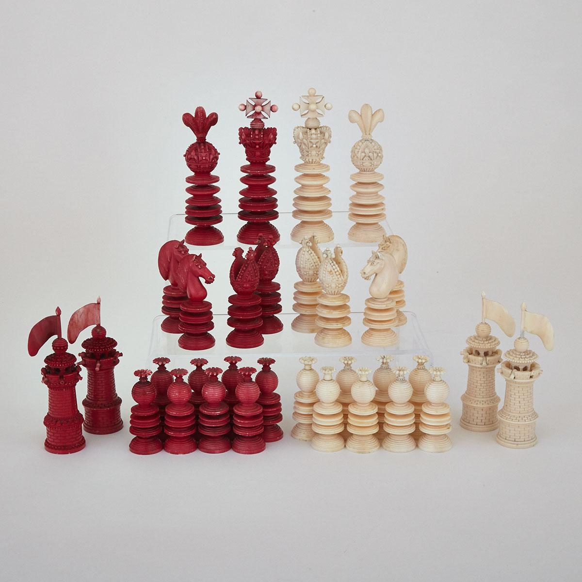 English Turned and Carved Ivory ‘Maltese’ Chess Set, mid 19th century