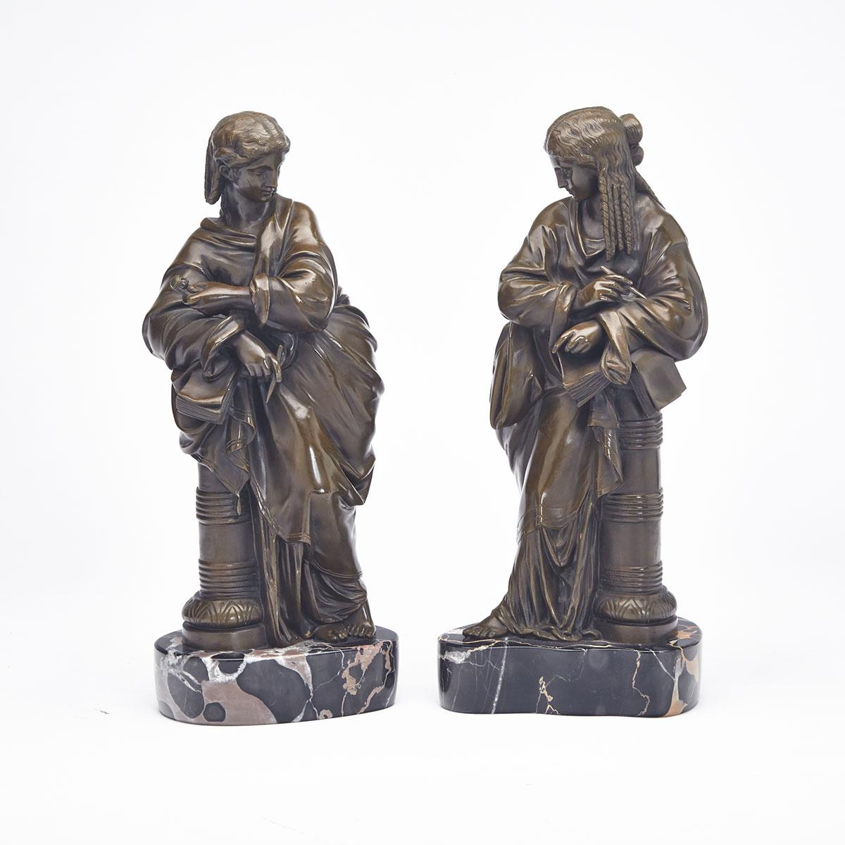 Pair of French Patinated Bronze Figures of Classical Muses, 19th century