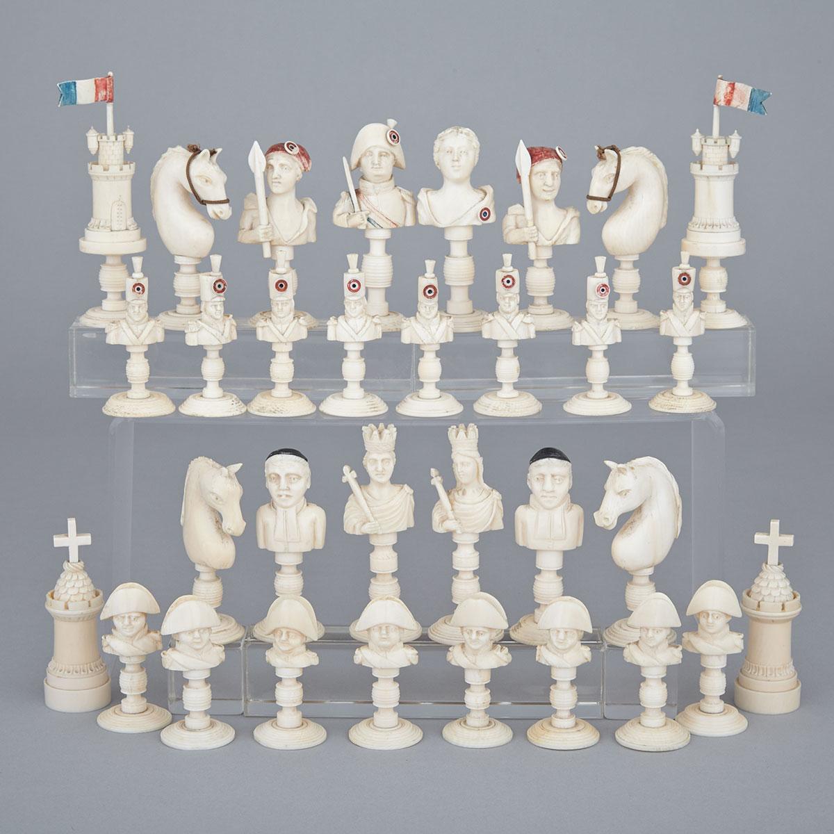 French Turned and Carved Ivory Revolutionary Bust Form Chess Set, Dieppe, early 19th century