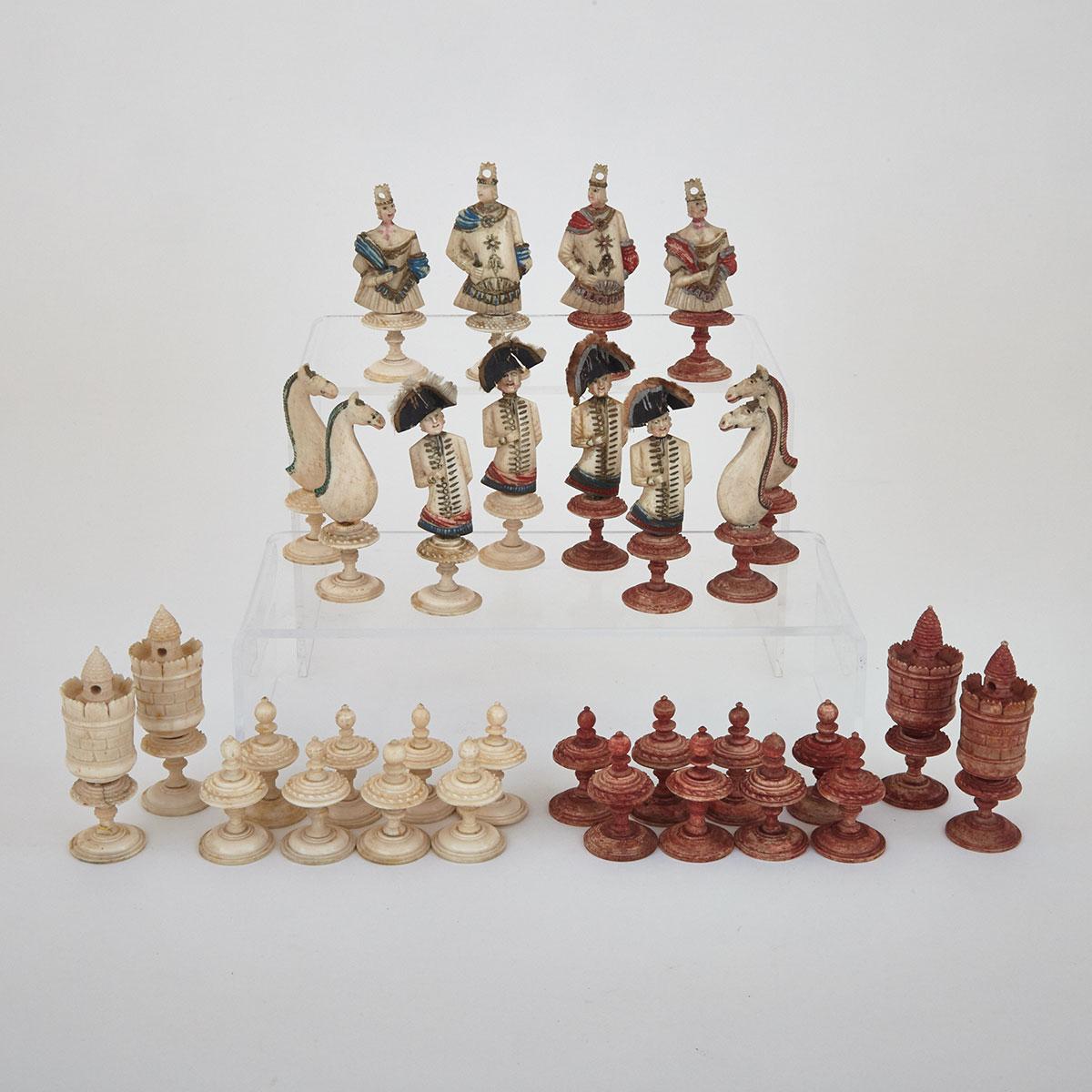 French Carved and Polychromed Bone (Cow, Bos, Bovidae) Figural Chess Set, Dieppe, c.1770