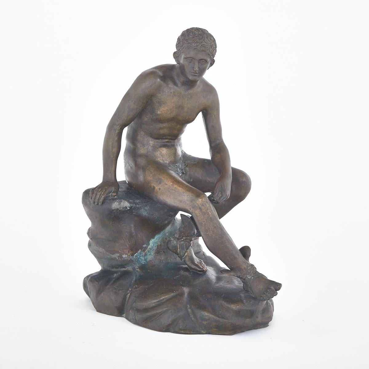 Italian ‘Grand Tour’ Patinated Bronze Model of Seated Hermes, After the Antique, mid 19th century