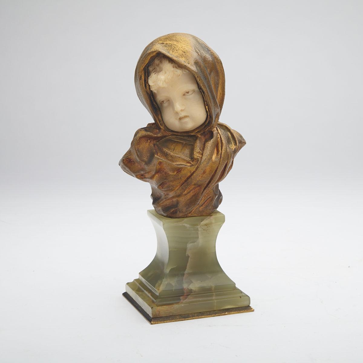 Small French Bronze and Ivory Bust of a Young Girl, G. de Thouin, 19th century