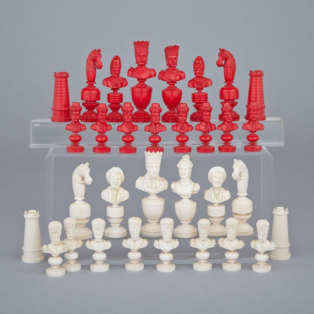 French Turned and Carved Europe vs. Moors Ivory Bust Form Chess Set, 19th century