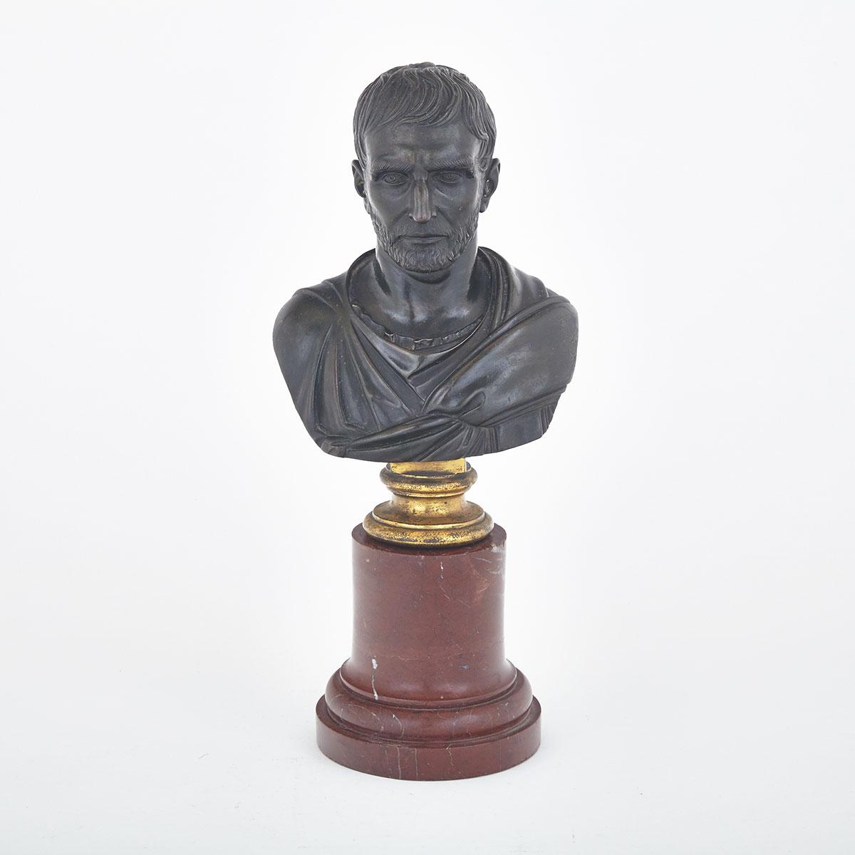Italian Patinated and Gilt Bronze Model of the Capitoline Bust of Brutus, mid 19th century