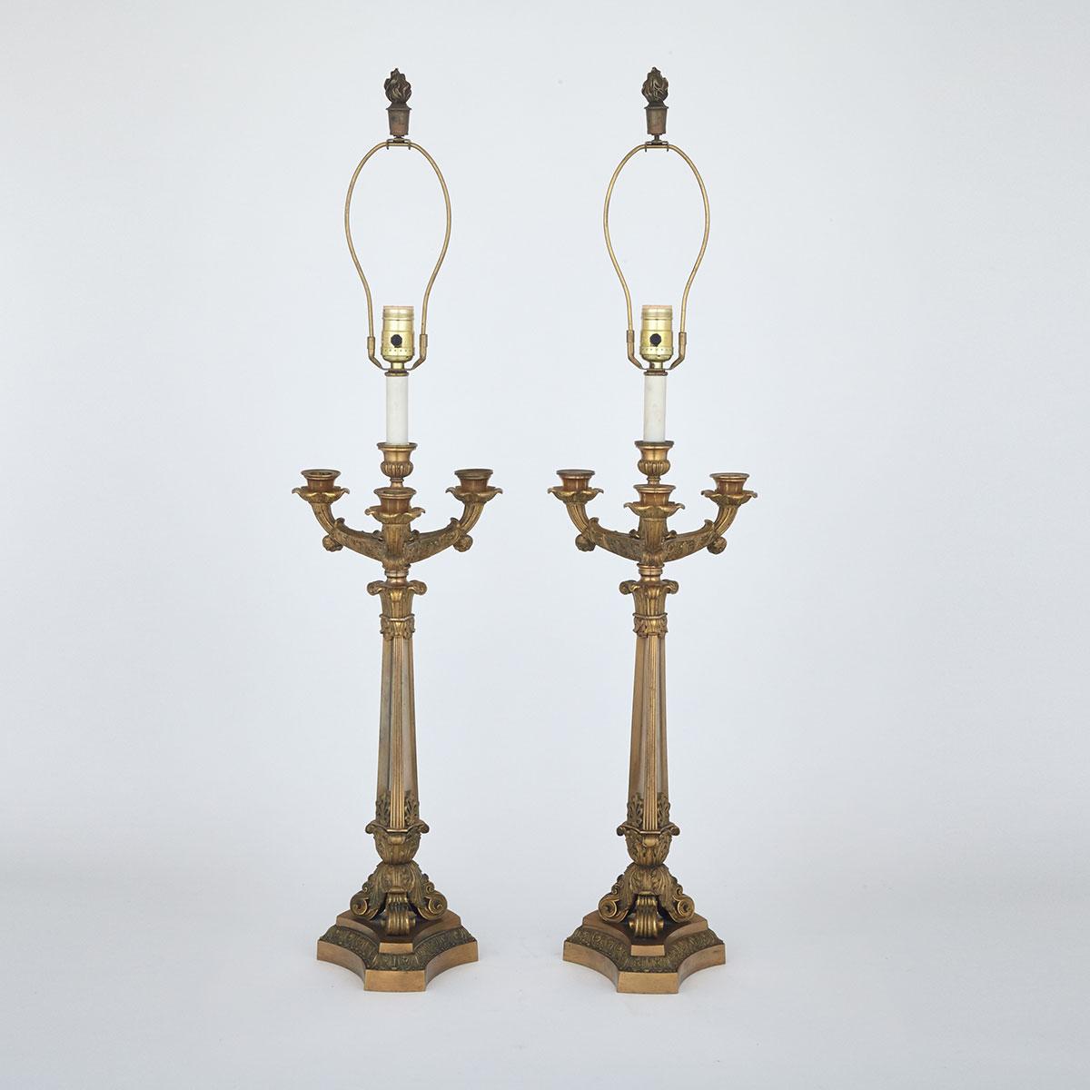 Pair of French Empire Gilt Bronze Candelabra Table Lamps, early 20th century