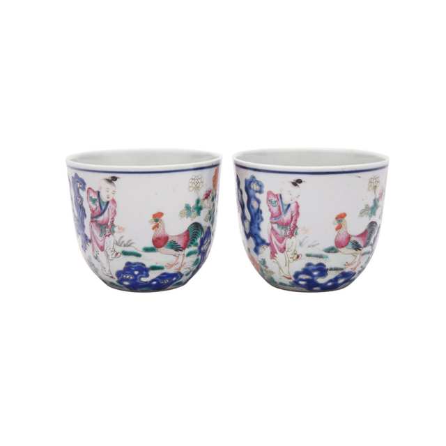 Pair of Famille Rose Chicken Cups, Qianlong Mark, Republican Period