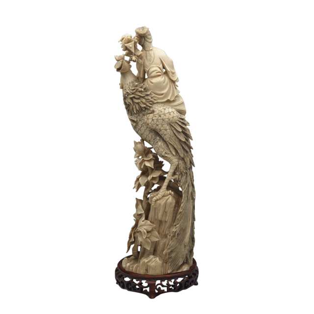 Large Ivory Carved Figure of a Phoenix and Immortal, Circa 1940’s