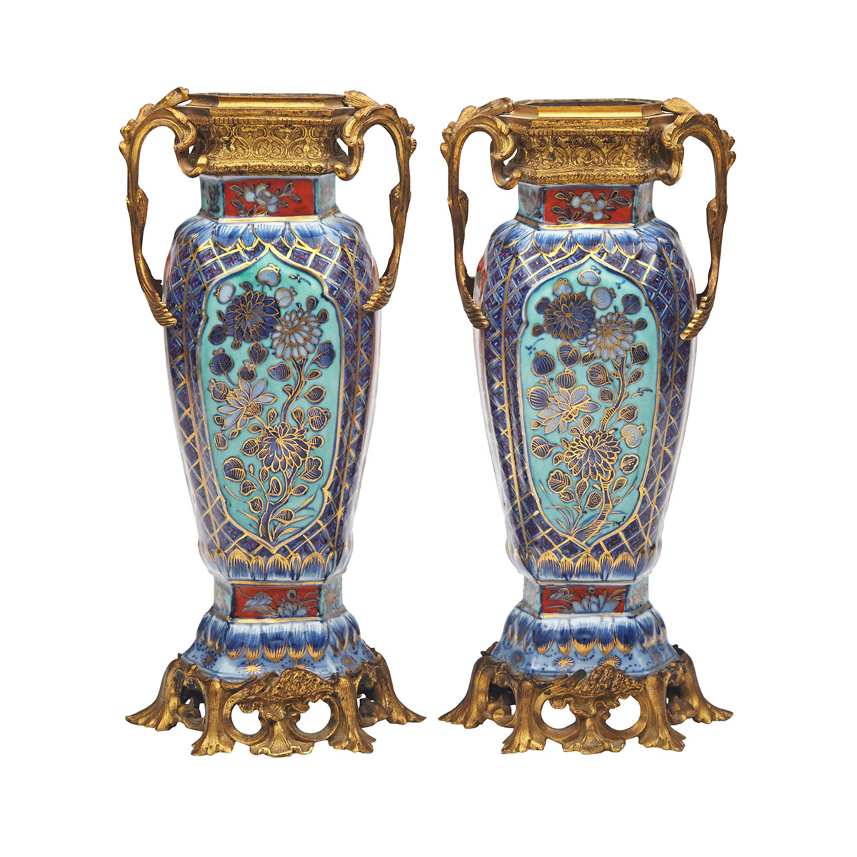Pair of French Ormolu Mounted ‘Clobbered’ Export Vases, Kangxi Period (1662-1722)