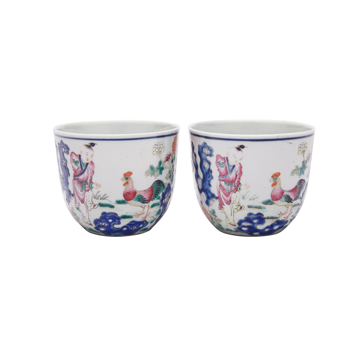 Pair of Famille Rose Chicken Cups, Qianlong Mark, Republican Period