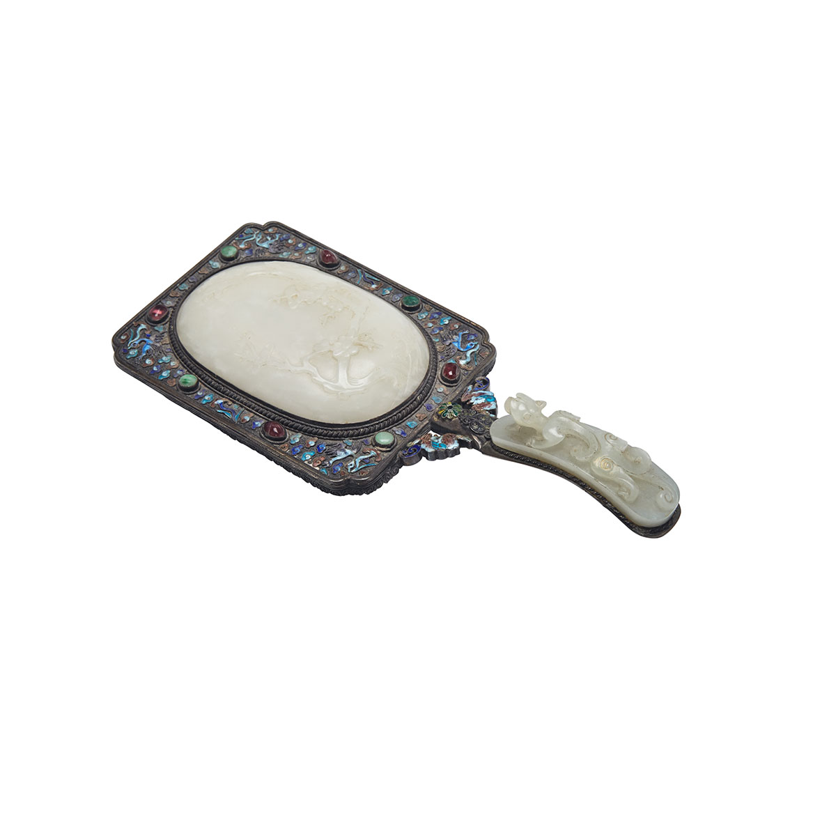Export Enameled Silver and Jade Inlay Hand Mirror, 19th Century