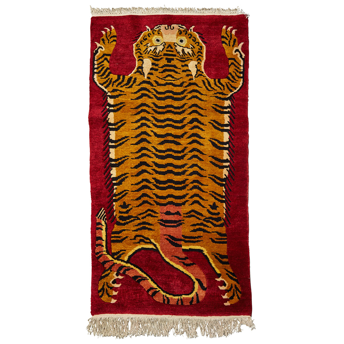 Red Ground Wool ‘Tiger Skin’ Carpet, Tibet, Early 20th Century