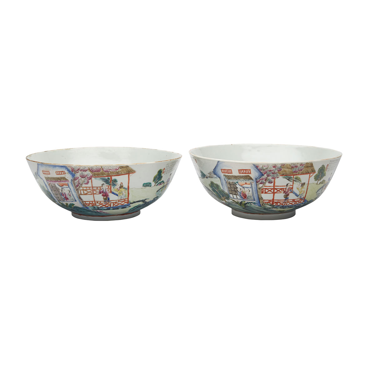 Pair of Large Famille Rose Landscape Bowls, Daoguang Mark and Period (1821-1850)
