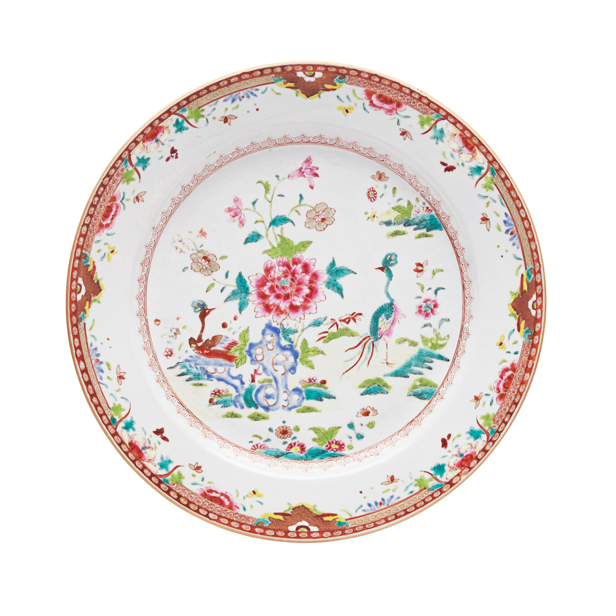 Large Export Famille Rose ‘Peacocks’ Plate, Yongzheng Period (1723-1735)
