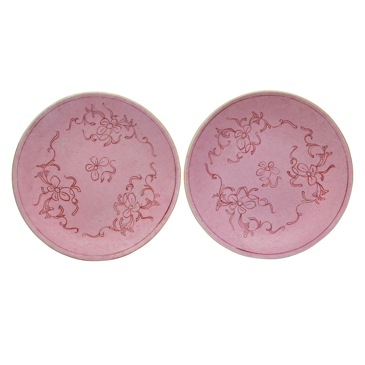 Pair of Pink Ground Famille Rose Dishes, Jiaqing Mark and Period (1796-1820)