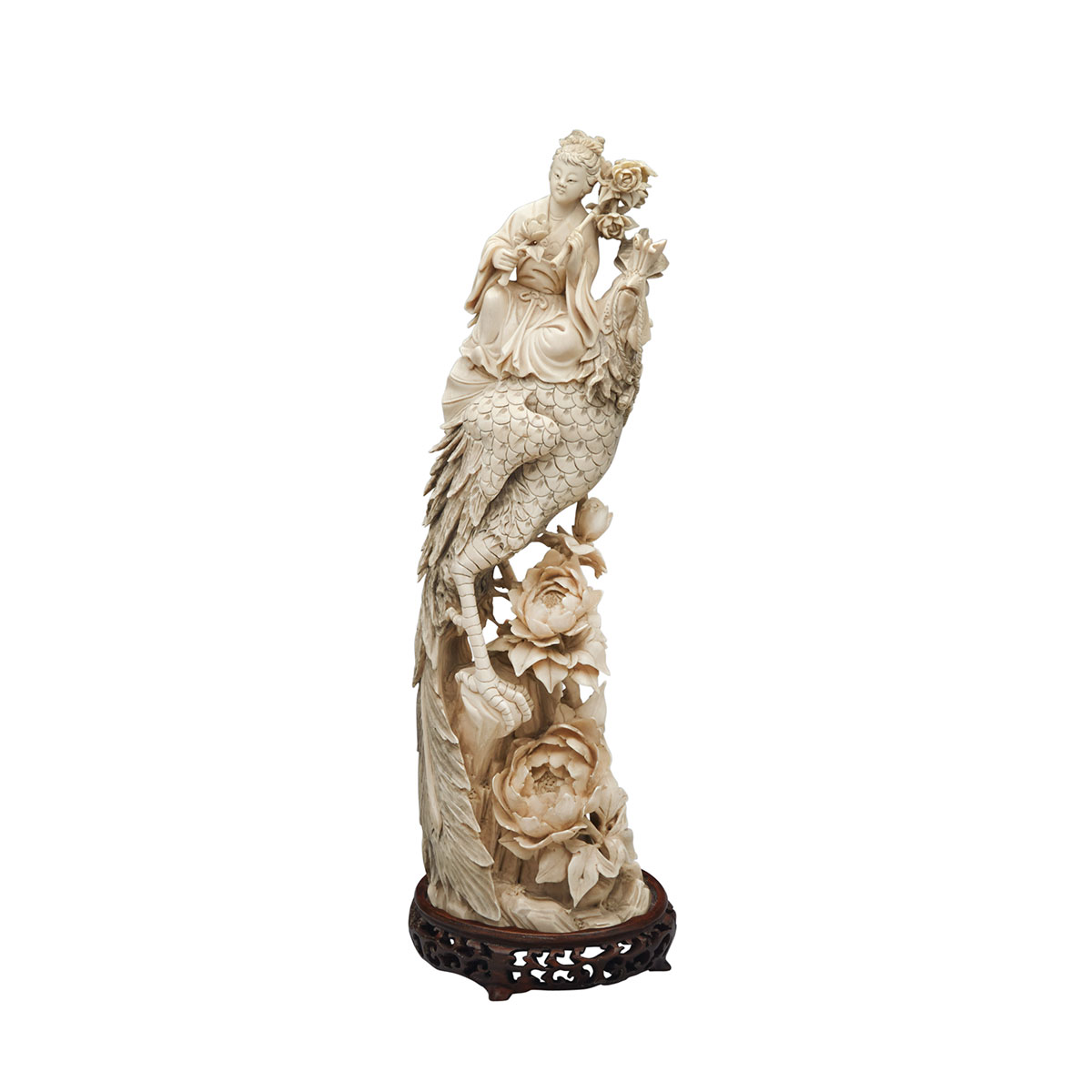 Large Ivory Carved Figure of a Phoenix and Immortal, Circa 1940’s