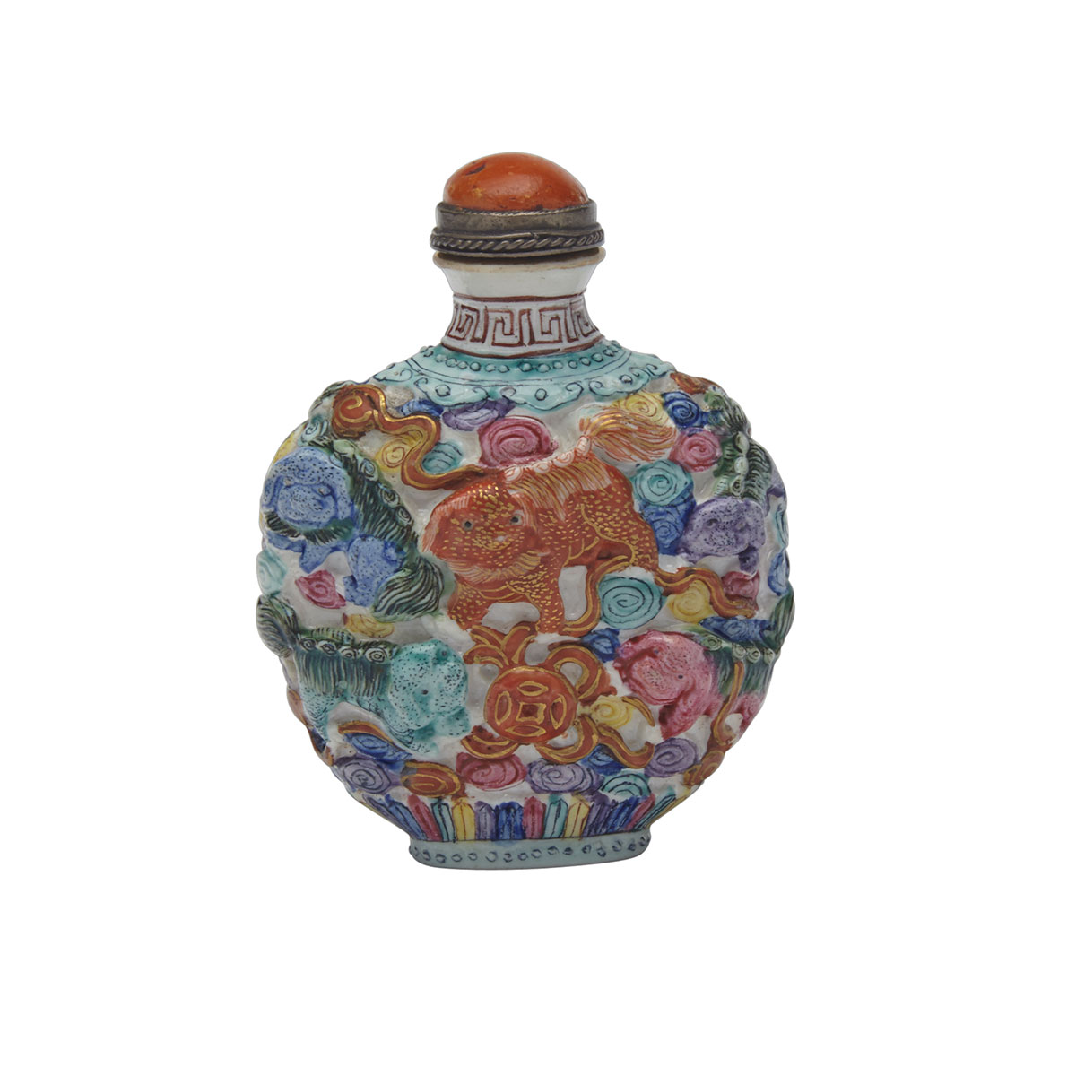 Famille Rose ‘Nine Lions’ Snuff Bottle, Qianlong Mark, 19th Century