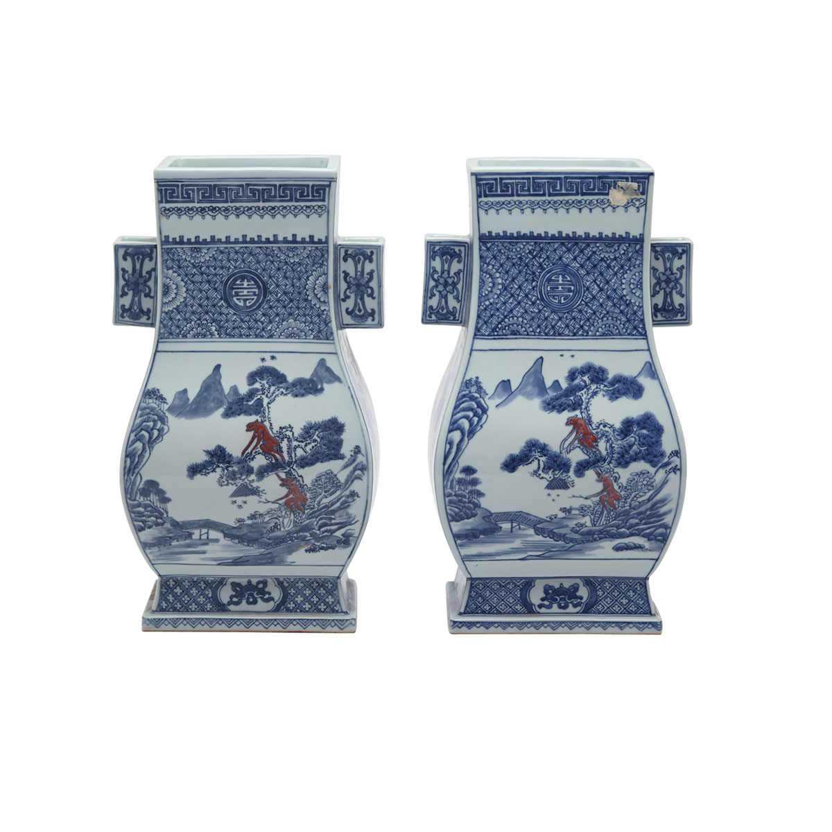 Pair of Blue, White, and Copper Red Hu Vases, Republican Period