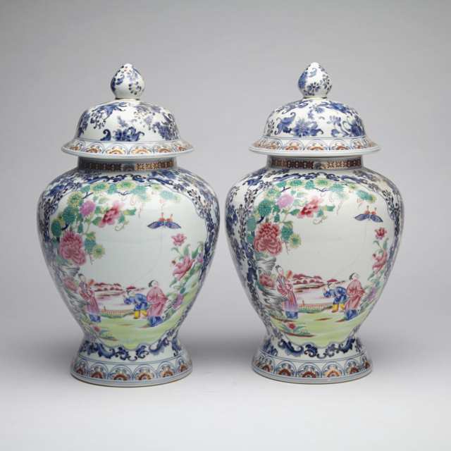Pair of Famille Rose Baluster Vases and Covers