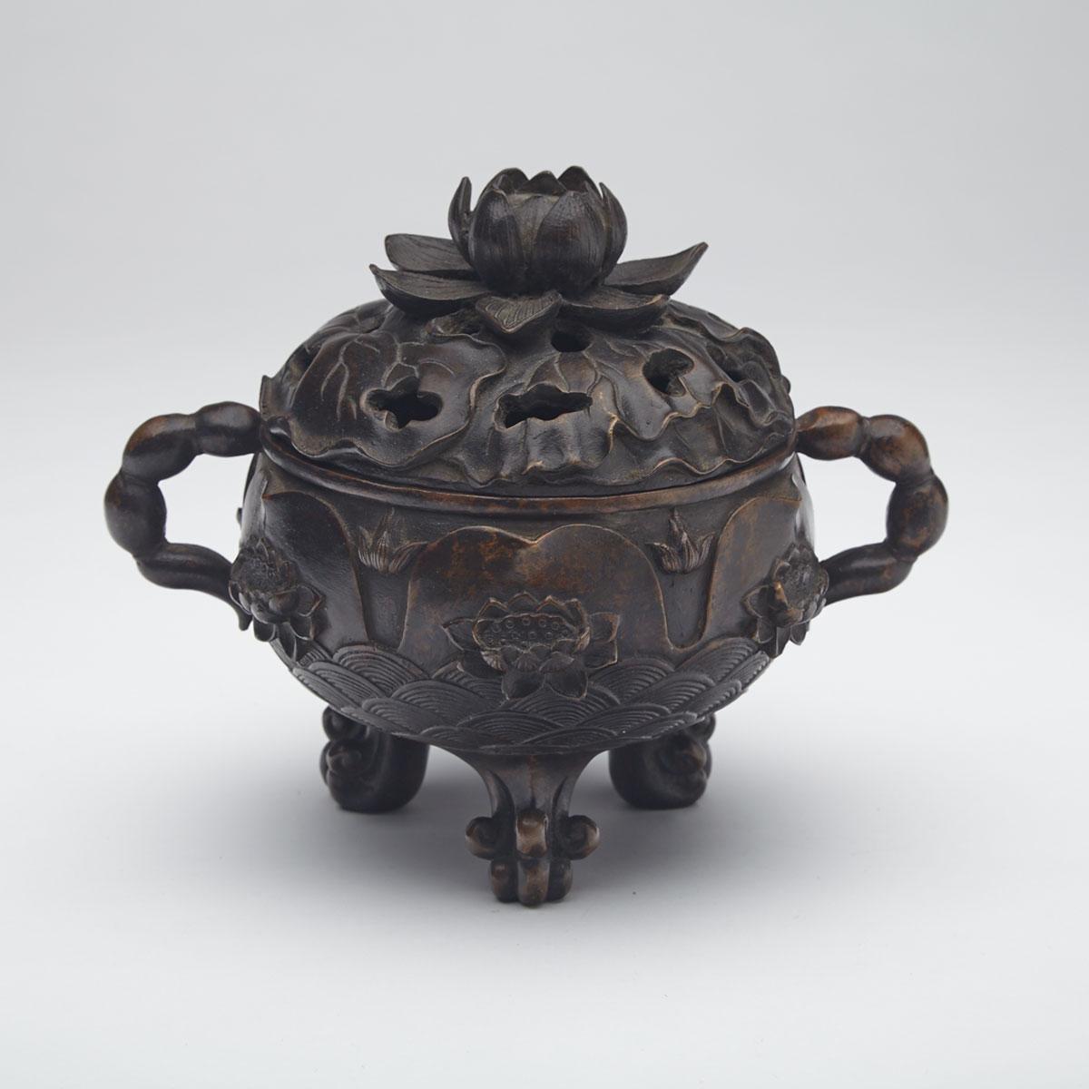 Bronze ‘Lotus’ Tripod Censer, Meiji Period, Circa 1900