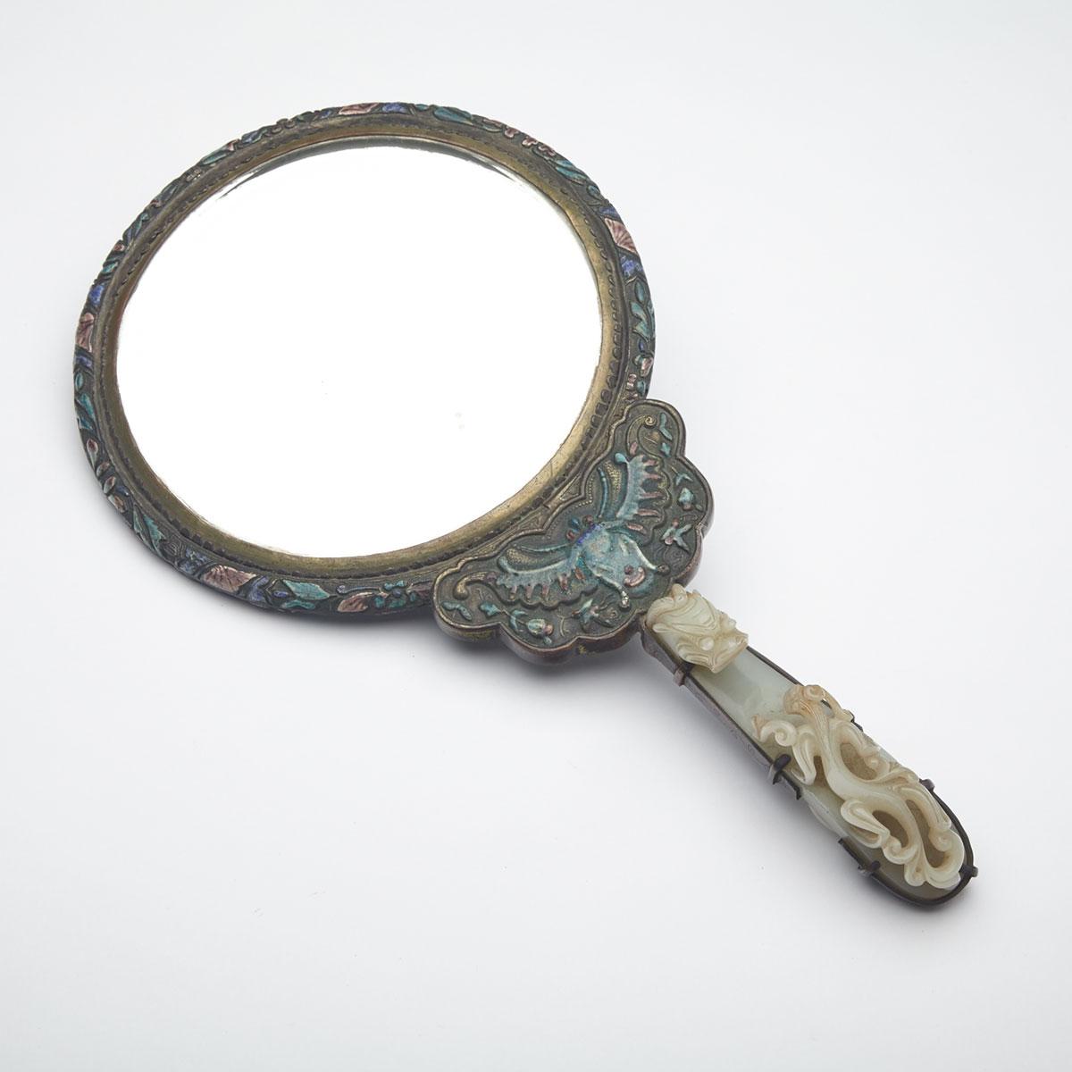 Export Jade Handled Enamel Mirror, 19th Century