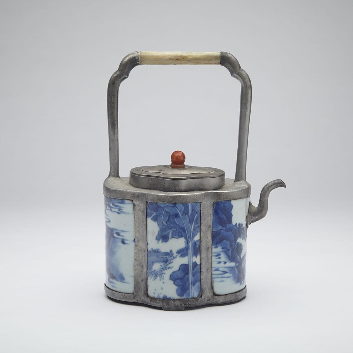 Blue and White Porcelain and Pewter Teapot, 17th Century