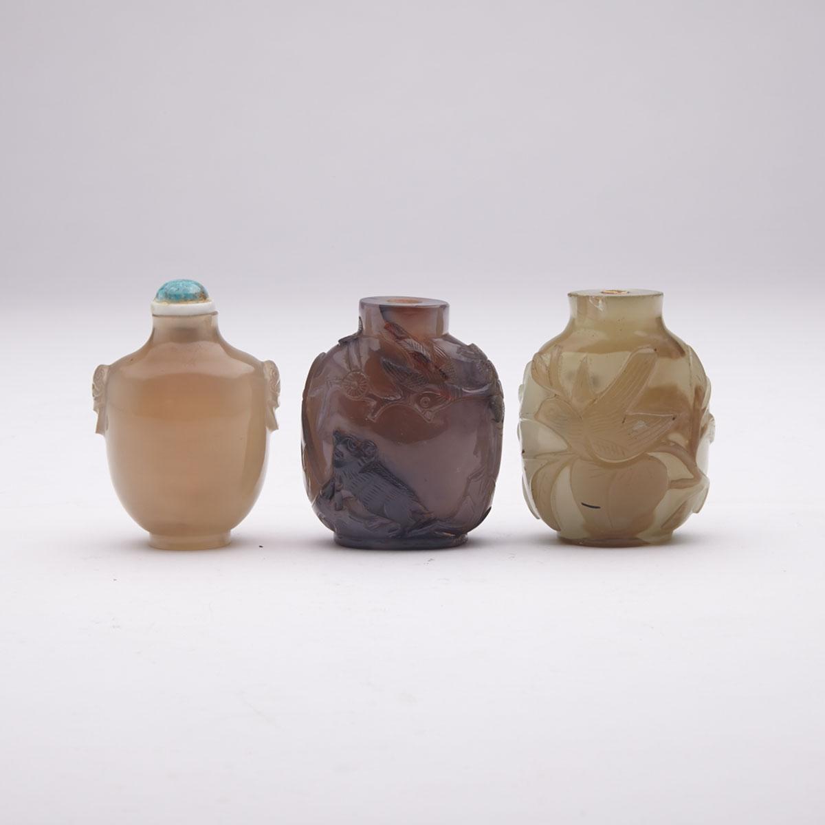 Three Agate Carved Snuff Bottles