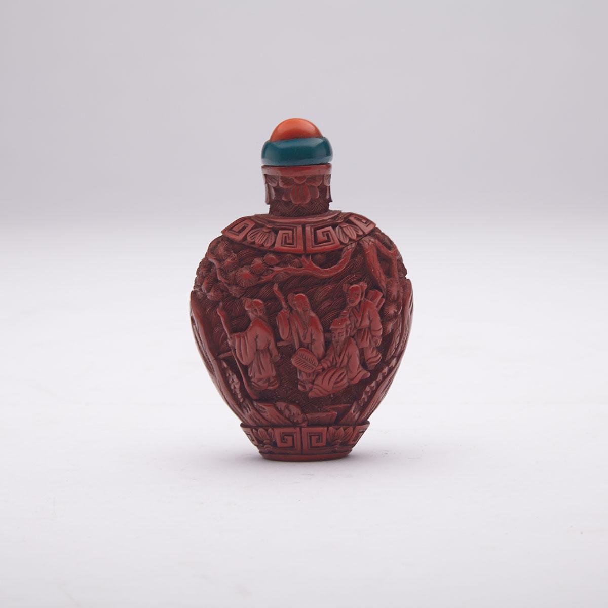 Cinnabar Lacquer Carved ‘Scholars’ Snuff Bottle, 19th Century