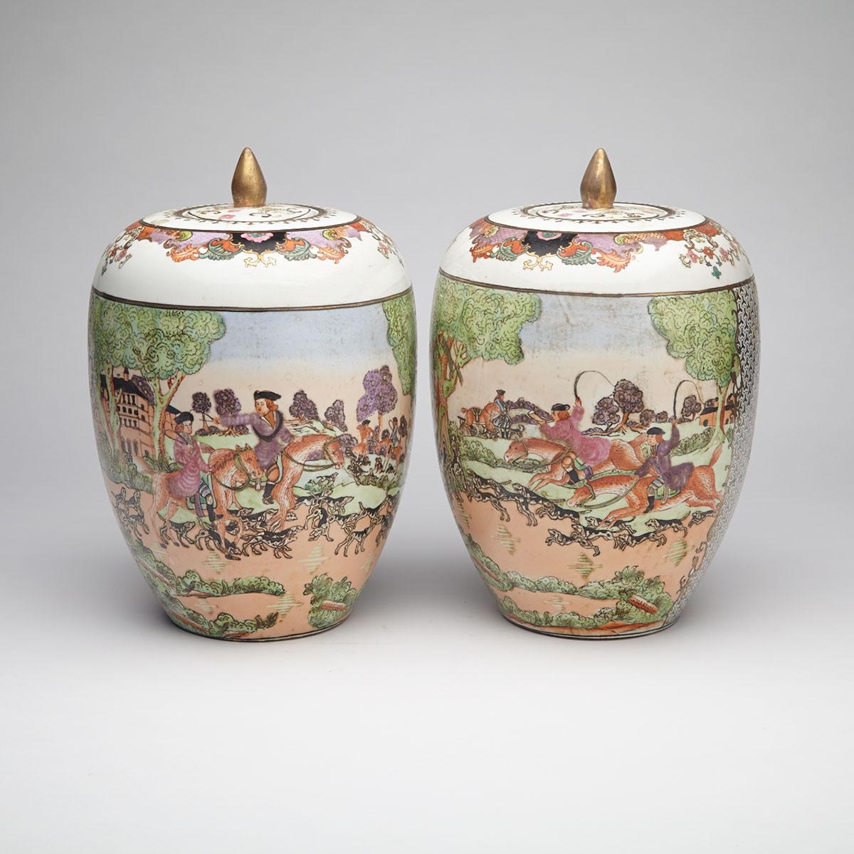 Pair of Export ‘Hunt Scene’ Ginger Jars