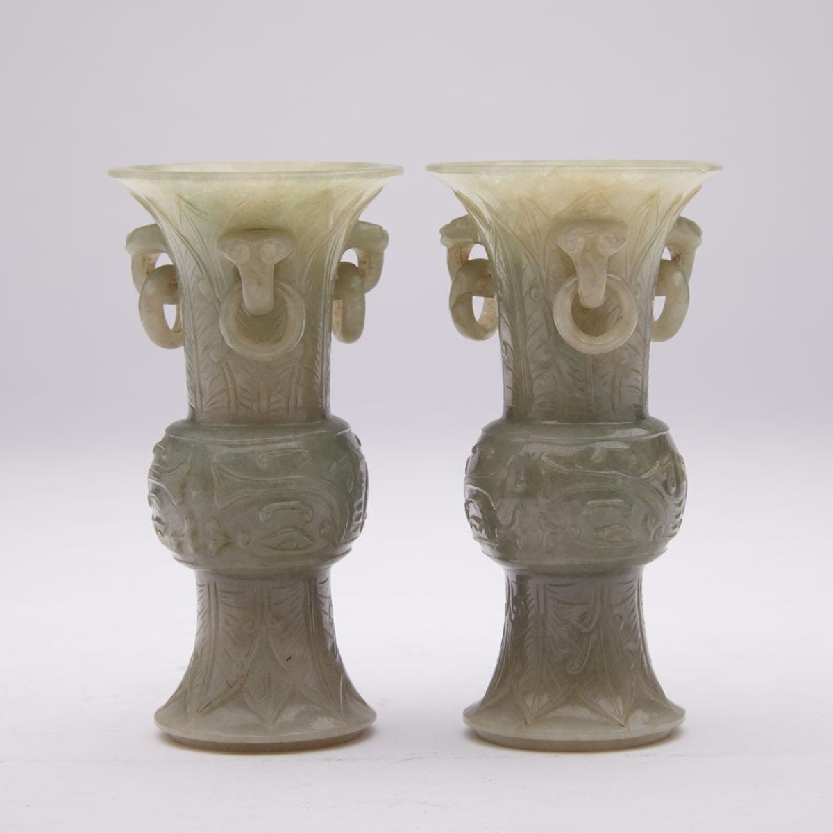 Pair of Jadeite Carved Miniature Archaistic Gu Vases, Late Qing Dynasty