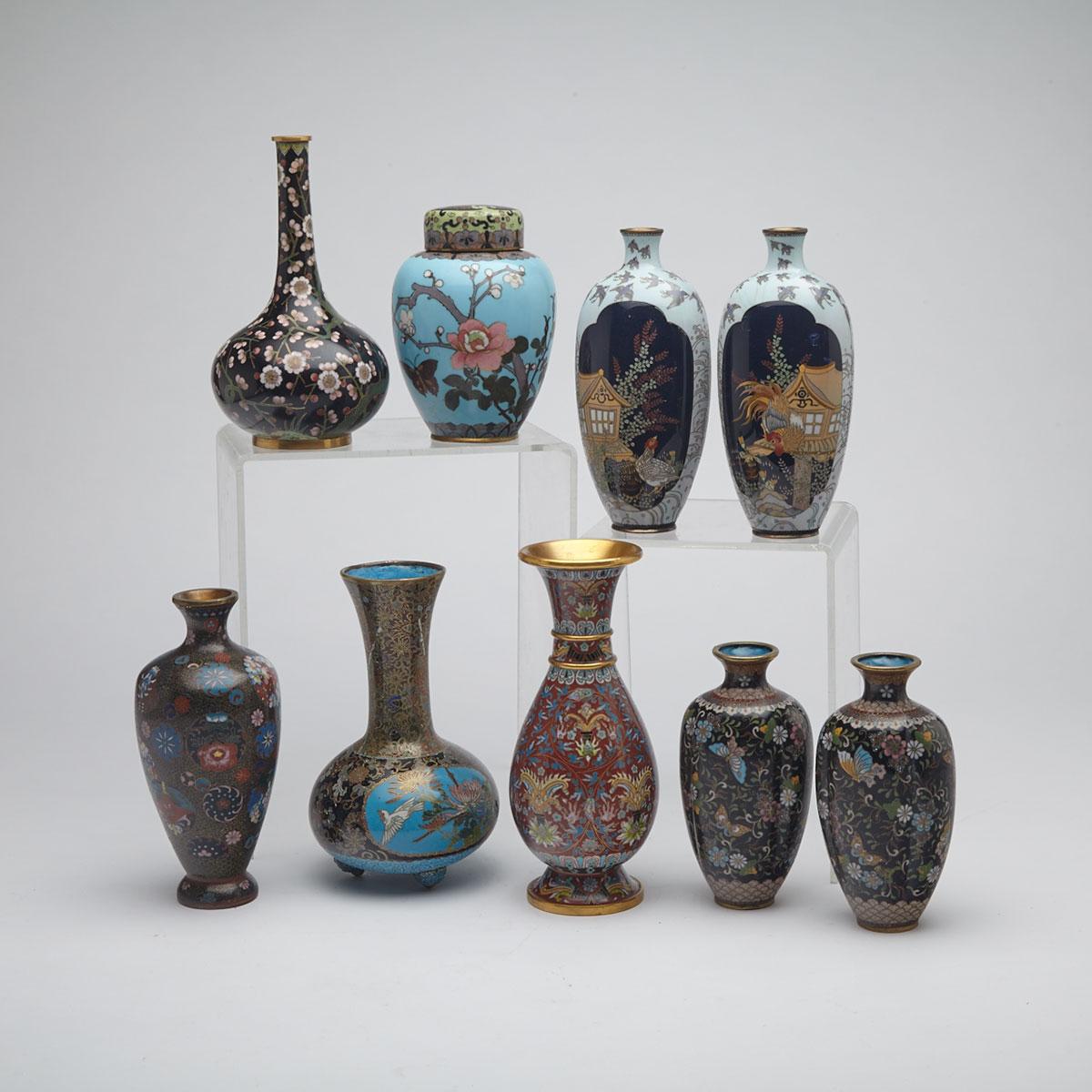 Group of Nine Cloisonné Enamel Vessels, China and Japan, First-Half 20th Century