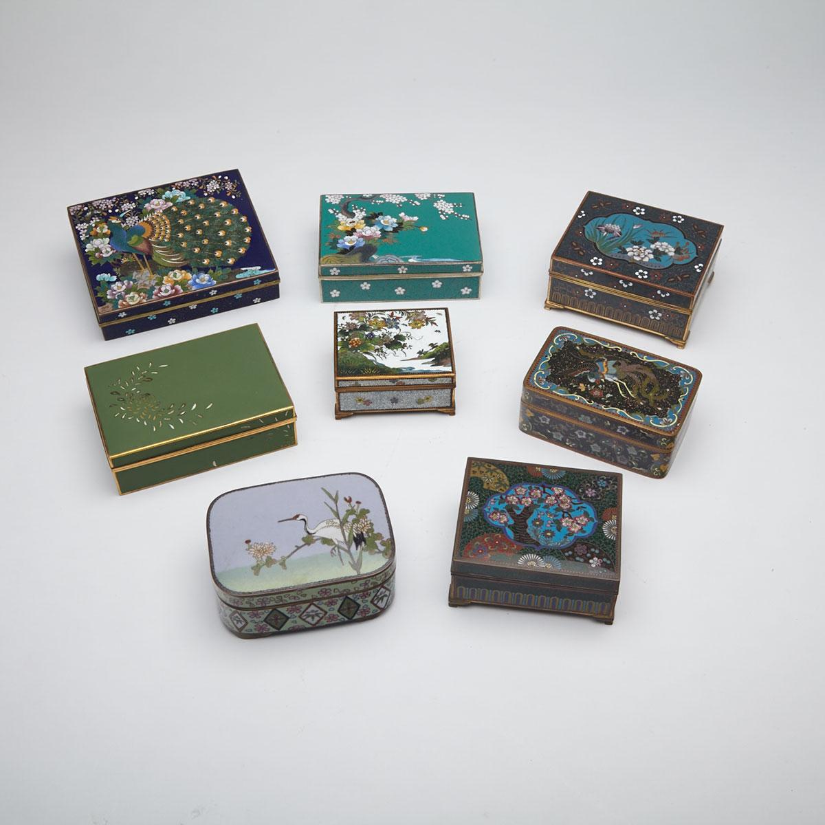 Nine Cloisonné Enamel Square Form Boxes, Japan, Early 20th Century