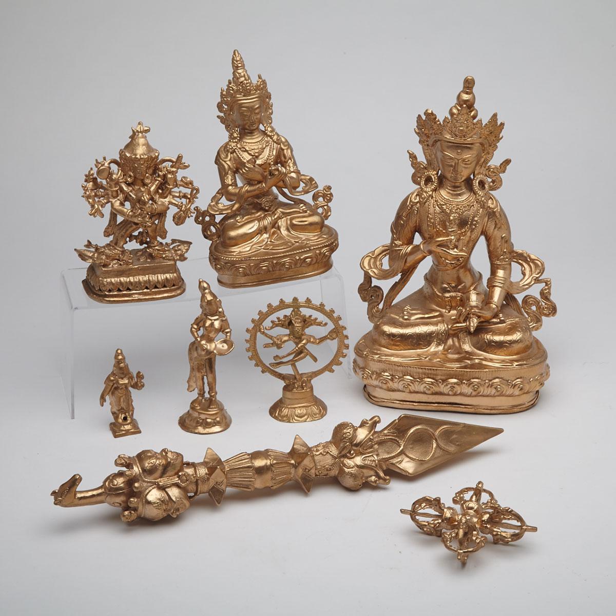 Group of Eight Bronze Deities and Utensils, Tibet, 20th Century