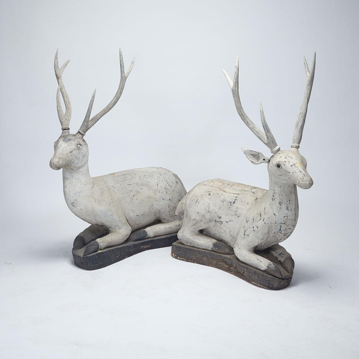 Pair of Large Recumbent Wood Deers, Mid-20th Century