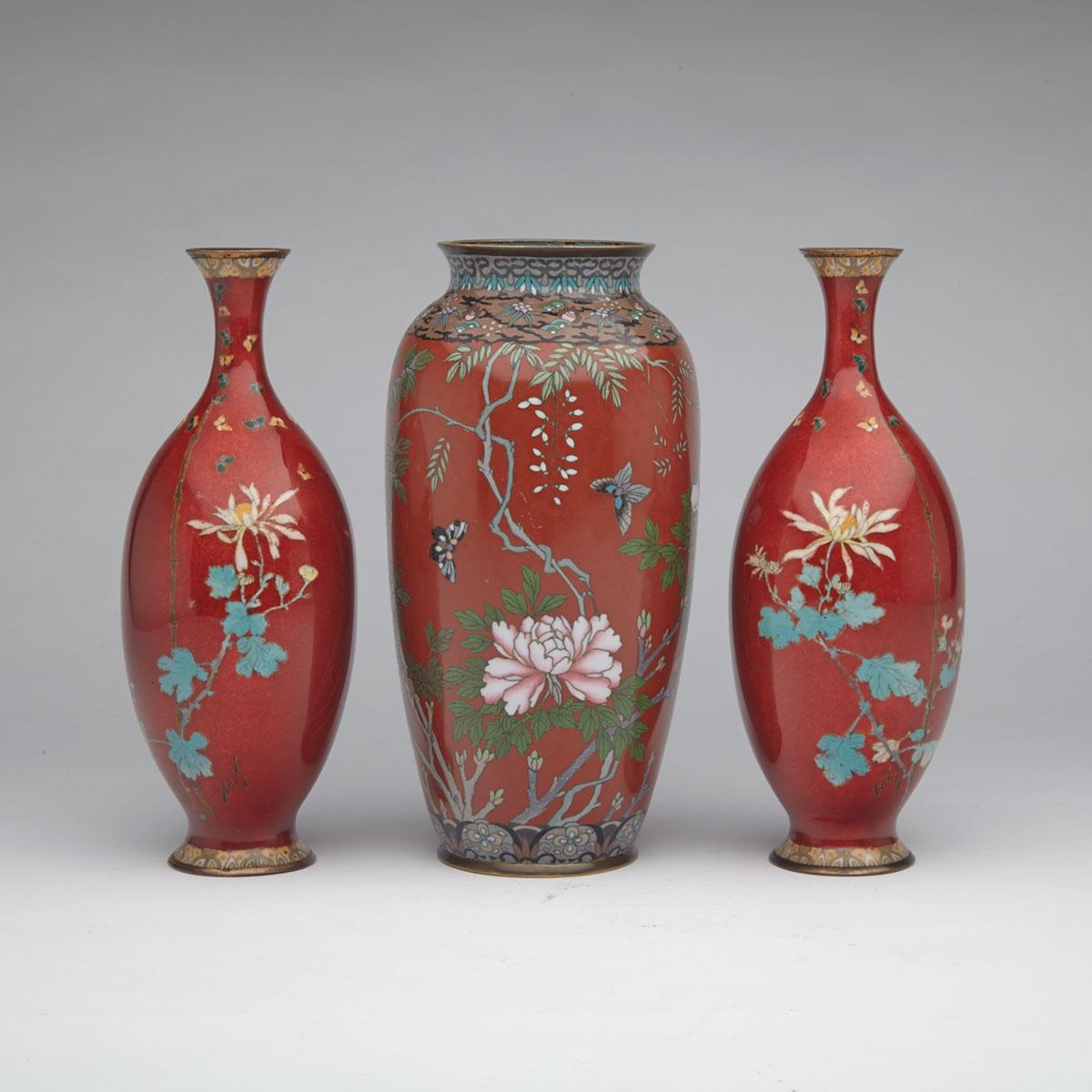 Three Red Ground Cloisonné Enamel Vases, Japan, Early 20th Century