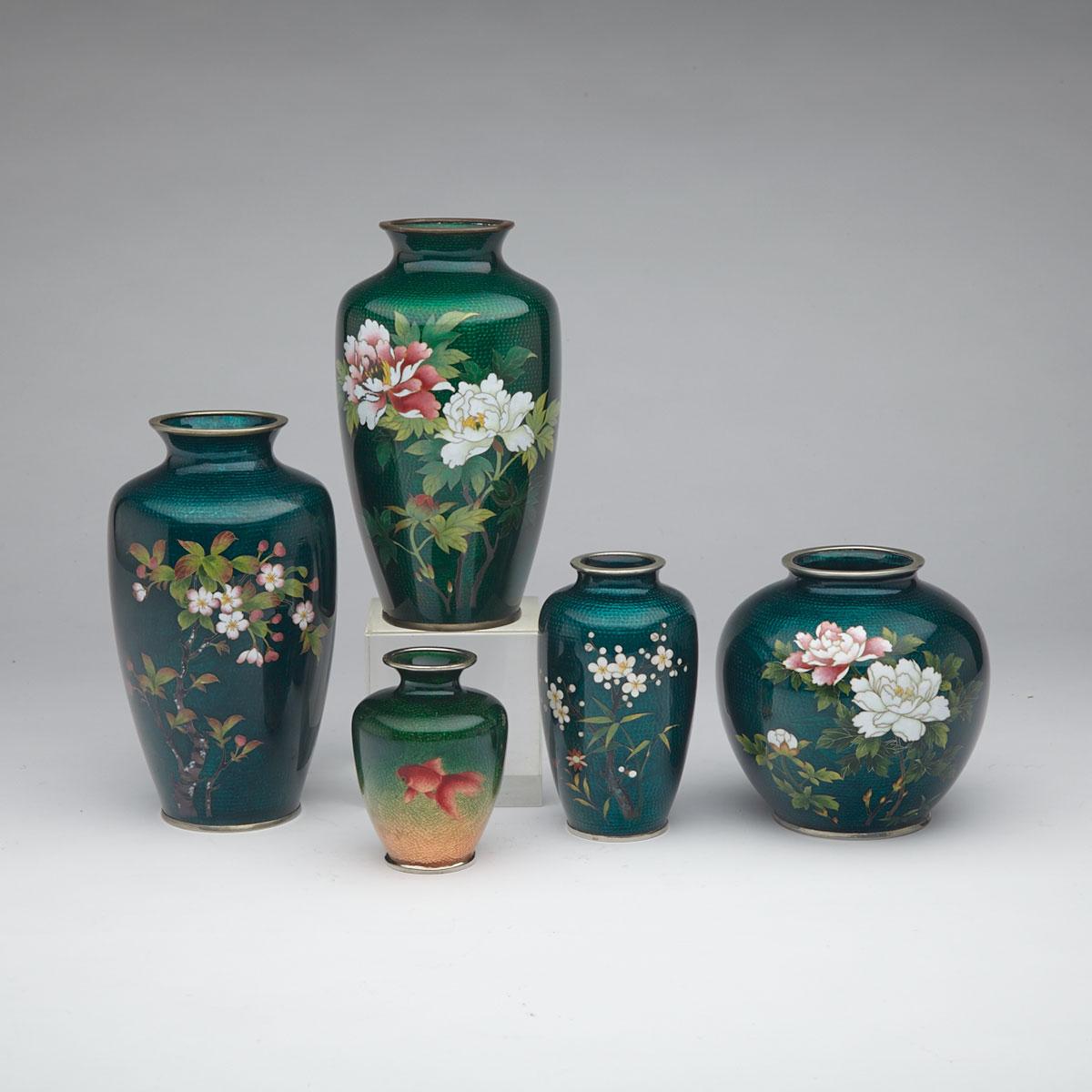 Group of Five Green Ground Cloisonné Enamel Vessels, First-Half 20th Century