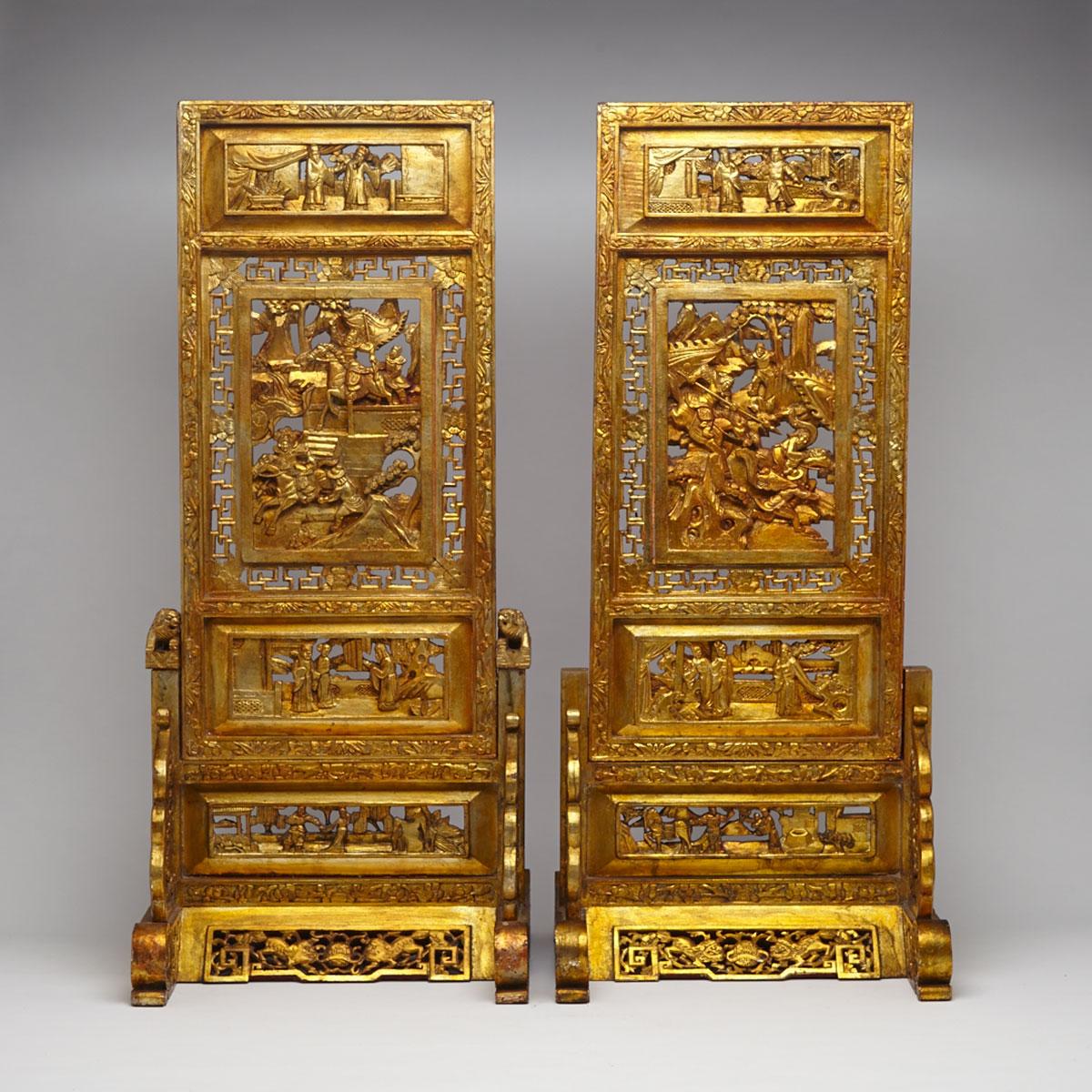 Pair of Large Gilt Lacquered  Wood Architectural Panels and Stands