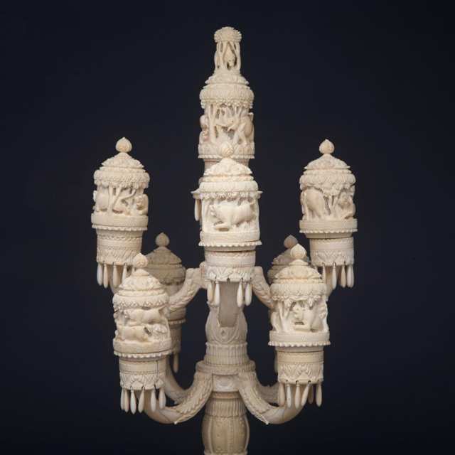 Anglo-Indian Carved Ivory Candelabrum Form Cricket Cage Stand, 19th century