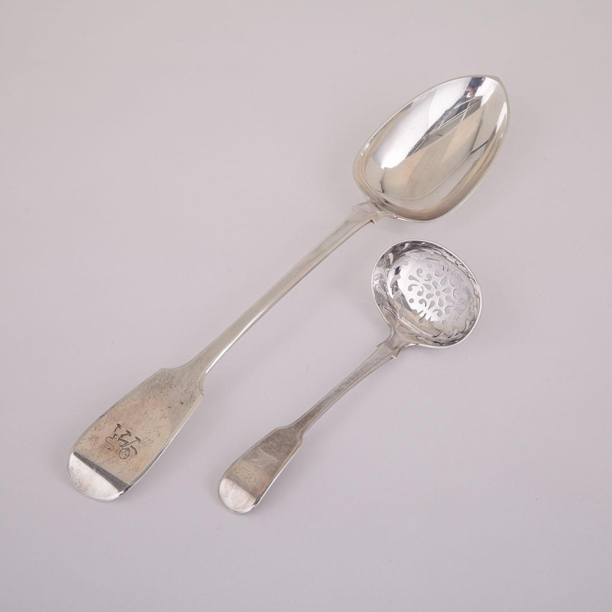 William IV Silver Fiddle Pattern Sifting Ladle, William Bateman II, London, 1830 and a Victorian Serving Spoon, John Stone, Exeter, 1844