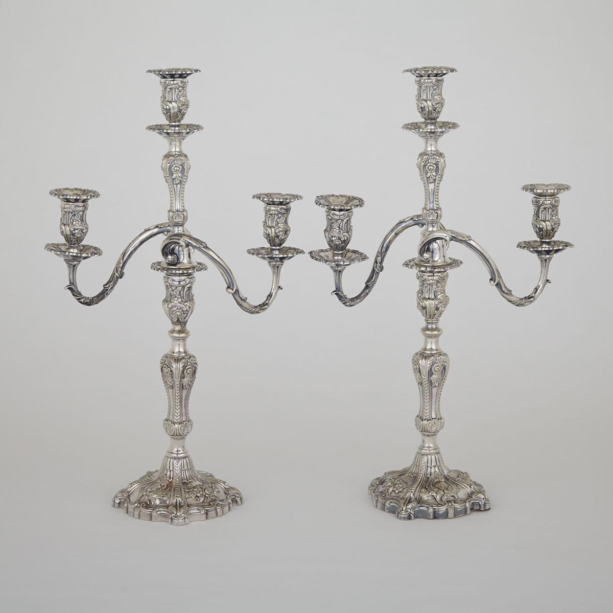 Pair of Victorian Silver Plated Three-Light Candelabra, Richard Hodd & William Linley of London, c.1862-72