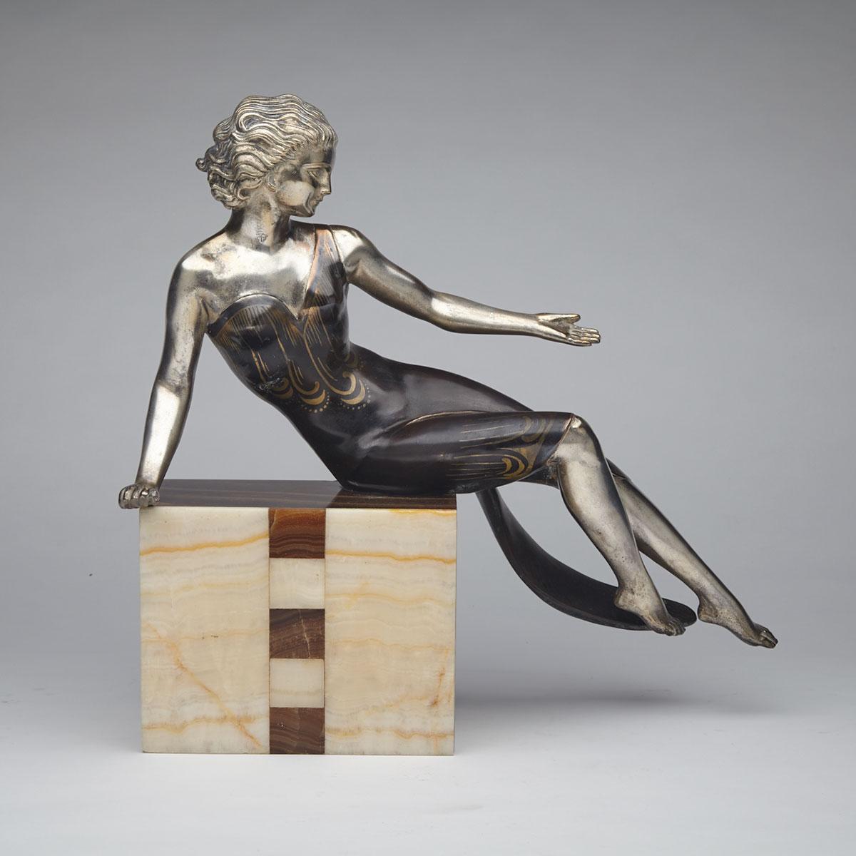 French Art Deco Bronze and Onyx Model of a Young Woman, c.1925