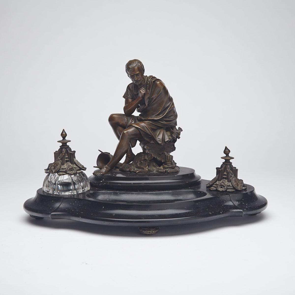 French figural bronze and marble desk stand with servant’s bell, c. 1870