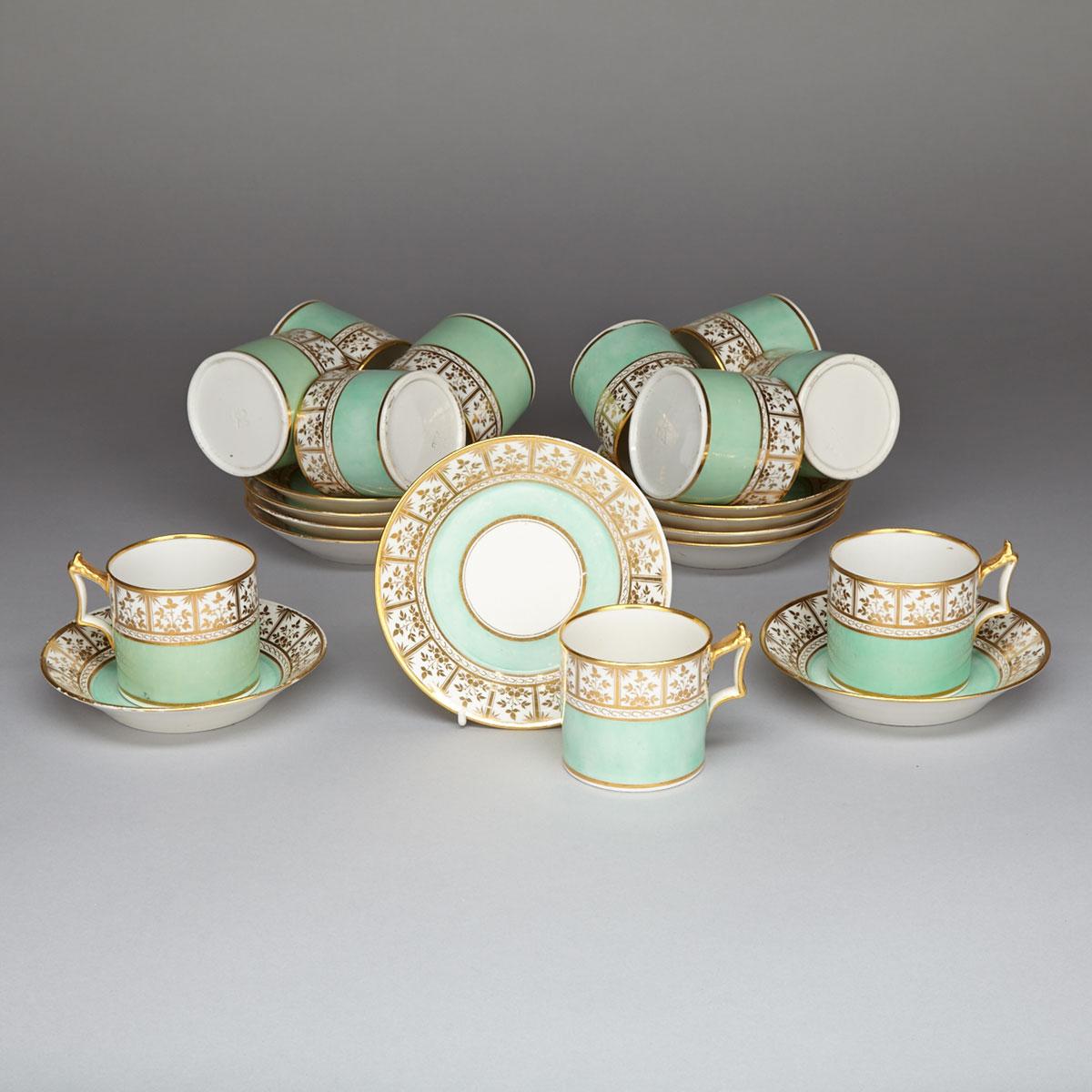 Eleven Flight, Barr & Barr Worcester Pale Green Banded Coffee Cans and Saucers, c.1815-20