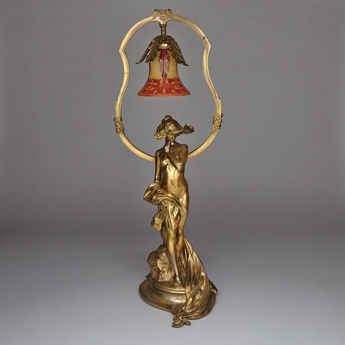 Art Nouveau Gilt Bronze and Glass Figural Table Lamp,  Charles Korschann (Czechoslovakian, 1872-1943), 20th century