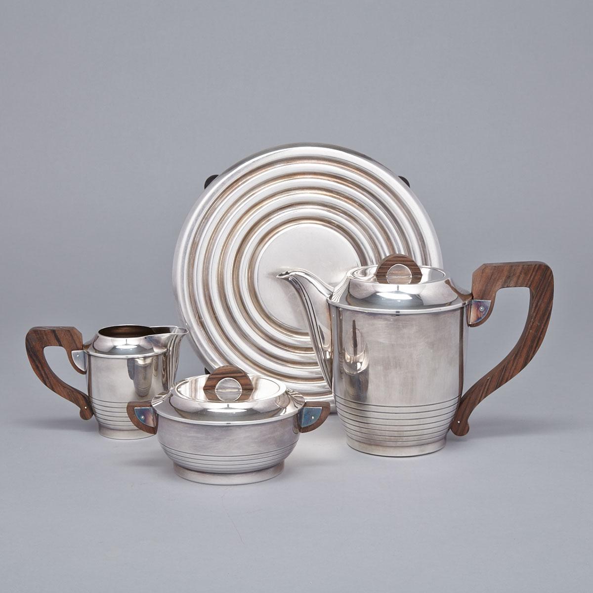 French Silver Plated Three-Piece Tea Service with Trivet, Saglier Frères and Christofle, 20th century
