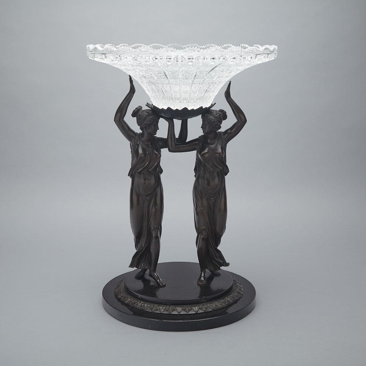 Large French Patinated Bronze and Cut Glass Centerpiece Figural Tazza, early/mid 20th century
